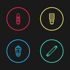 Set line Garden light lamp, Fluorescent, LED bulb and Light icon. Vector.