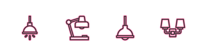 Set line Chandelier, Lamp hanging, Table lamp and Wall or sconce icon. Vector.
