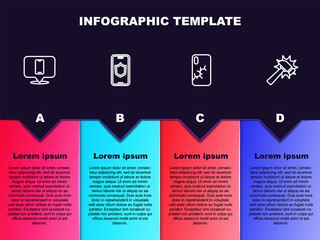 Set line Phone repair service, Mobile with shield, broken screen and Hammer. Business infographic template. Vector.