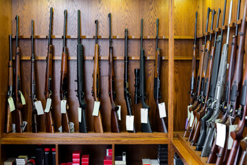 Gun shop interior with hunting and sporting rifles standing in row on display stand - obrazy, fototapety, plakaty
