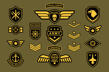 Special force army insignia uniform label, tag, stripe badge. Navy, airborne soldier military camouflage patch set with eagle, star, sword, shield, jet vector illustration isolated on white background