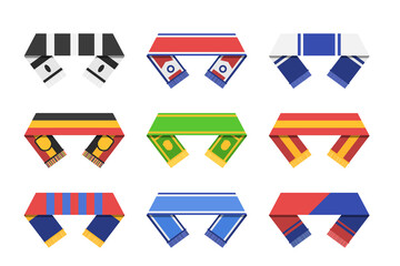 Football soccer support team fan club spectator scarf set. Different sport costume, championship identity garment attribute with country flag color vector illustration isolated on white background