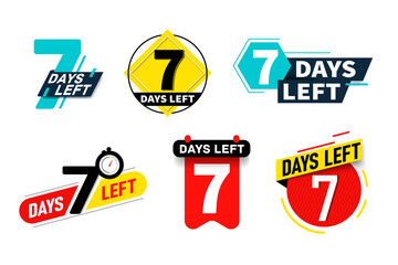 Seven day left announcement tag, sticker, bookmark set. Time countdown for sale stop, last offer, price reduction or shopping discount end vector illustration isolated on white background