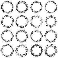 Set of 16 vector hand drawn spring wreaths isolated on white background. Silhouette circle of leaves. Doodle style.Collection of floral frames.