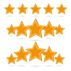 Obraz premium Gold five star quality product appraisal insignia mark set. Positive feedback evaluation, rate class, excellence grade and high ranking vector illustration isolated on white background