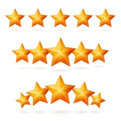 Gold five star design element for certificate or app review. Win prize or award, application rating and feedback, business success achievement reward set vector illustration isolated on white