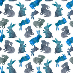 watercolor seamless pattern with easter bunnies on white background