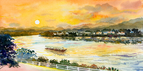 Peinture de paysage à l& 39 aquarelle colorée du fleuve Mékong.