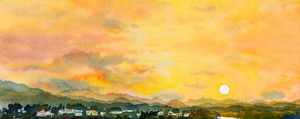 Watercolor landscape paintings colorful mountain sunset.