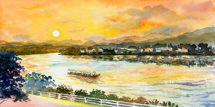 Watercolor landscape painting colorful of Mekong River.