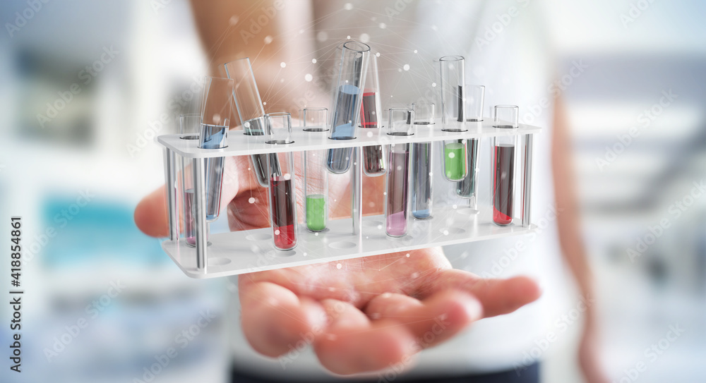 Poster man holding and touching medical analysis in tubes samples 3d rendering