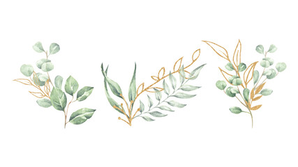 Fototapeta na wymiar Watercolor floral illustration set. Green and Gold leaf branches collection. It's perfect for greeting cards, wedding invitation, birthday.