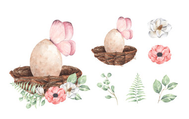 Set of egg with floral branch isolated on white background. Watercolor hand drawn illustration.