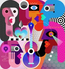Foto op Canvas Vijf mensen en één gitaar moderne abstracte kunst grafische illustratie. Vrouw die een koptelefoon draagt. ©  danjazzia