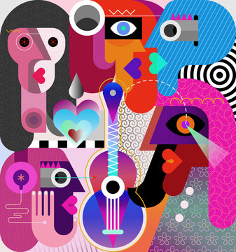 Five people and one guitar modern abstract art graphic illustration. Woman wearing headphones.