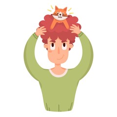 Happy pet owner. A boy with a cat on his head. Vector cartoon illustration