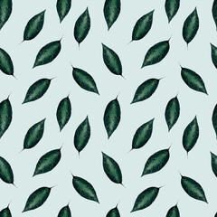 watercolor seamless pattern with dark green leaves on a blue background