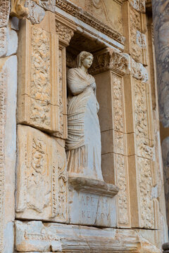Sculpture of Greek mythology goddess Arete, personification of virtue, on restored facade of Celsus Library in ancient settlement of Ephesus in Turkey