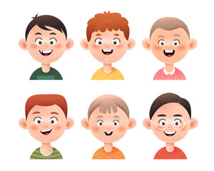 Set of little boys avatars. Smiling faces of  boys with different hairstyles. Colorful cartoon vector illustration isolated on white background
