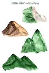 Watercolor four rocky mountains landscape isolated on white background.
