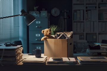 Box filled with personal belongings in the office
