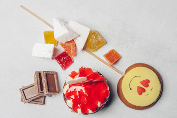 red cake candy sweets dessert for tea meal close-up