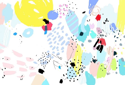 Naive art. Contemporary pattern. Brush, marker, highlight stroke. Abstract background. Vector artwork. Memphis 80s, 90s retro style. Child drawing. Pink, black, blue, green, yellow, red, white colors
