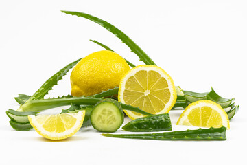 Leaves aloe, lemon, cucumber isolated on a white background.