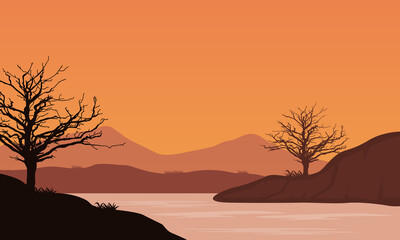 Beautiful Mountain View from the river bank at dusk with silhouettes of dry trees around it. Vector illustration