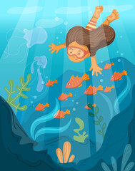 Obraz na płótnie Canvas Cute child swimming underwater. Vector illustration of girl snorkeling with mask. Fish and coral in the sea. Tropical lifestyles, kid having fun.