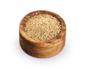 Dried ginger in wooden bowl isolated on white background.