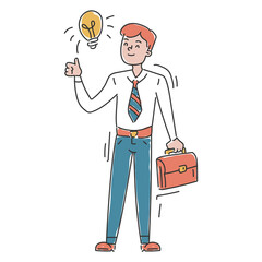 Businessman with idea vector isolated. Great solution, light bulb as a metaphor of idea. Genius and innovative strategy. Illustration in doodle style.