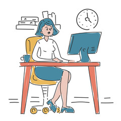 Businesswoman sitting at the desk in office and working vector isolated. Doodle illustration of busy office worker. Employee at the computer. Happy female executive.