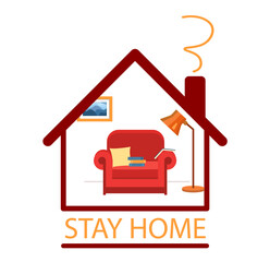 Stay home. Cozy home and reading in coronavirus. Armchair with books and reading lamp. Vector illustration in flat style.