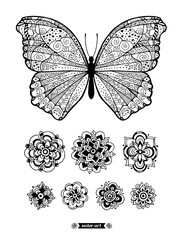 Butterfly and flowers. Mandala. Fashion set collection. Vector artwork. Black and white, monochrome. Coloring book page for adults and kids. Zentangle Illustration. Boho, bohemian. Spring, summer