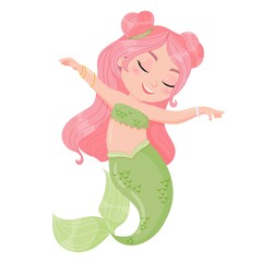 Cute cartoon mermaid. Little Mermaid with Pink Hair and Green Tail. A magical creature. Vector illustration isolated on white background.