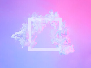 Creative abstract neon background with copy space. White square frame and clouds made from white...