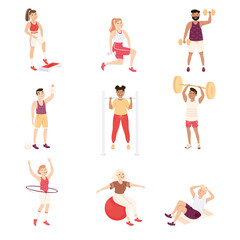 Fototapeta na wymiar People Characters at Gym Doing Physical Exercise and Workout Vector Illustration Set