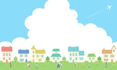 Obraz na płótnie Canvas 夏の青空と入道雲と飛行機と人々の街並みベクターイラスト(背景)