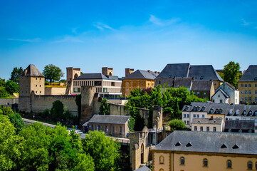 Luxembourg city, Luxembourg - July 16, 2019: Old Town of Luxembourg city with typical buildings and castle walls