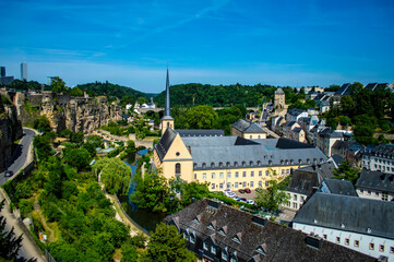 Luxembourg city, Luxembourg - July 16, 2019: Alzetter river and scenic view of Old Town of Luxembourg city