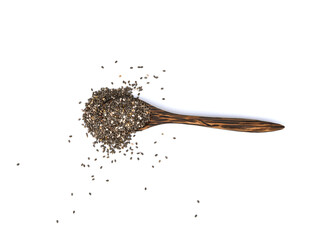 Chia seeds in wooden spoon isolated on white background. Top view