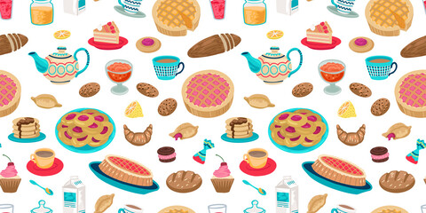 Bakery food icon seamless pattern. Pastries, breakfasts, lunches in a cafe, menu and decor, print for background. Vector illustration