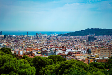 Barcelona, Spain - July 26, 2019: Aerial view of the city of Barcelona in Catalonia, Spain