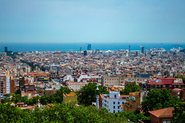 Fototapeta na wymiar Barcelona, Spain - July 26, 2019: Aerial view of Barcelona city and Mediterranean sea, Catalonia, Spain