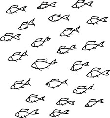 Silhouettes of groups of marine fish. A colony of small fish. Stylized logo.