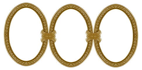 Triple oval golden frame (triptych) for paintings, mirrors or photos isolated on white background....