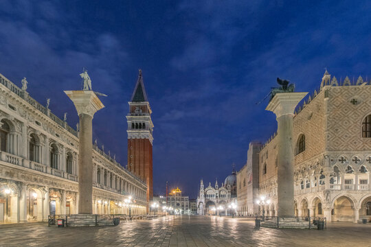 Dawn on the waterfront near Piazza San Marco, Campanile and Doge's palace