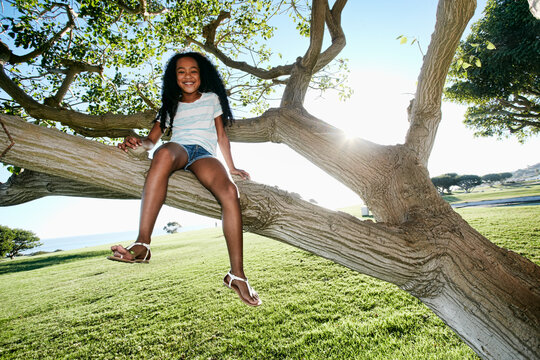 Young mixed race girl sitting in a tree branch 