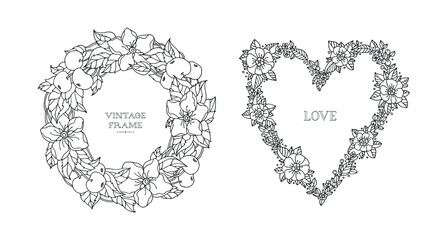 Apple tree bloom and fruit wreath, heart made of flowers. Rose, leaf, blueberry. Wedding invitation template. Coloring book page for adult. Hand drawn vector artwork. Black and white. Bohemia concept